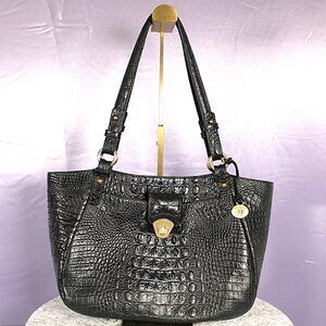 Brahmin Black Croc Embossed Leather Shoulder Tote Gold Hardware Turn Lock